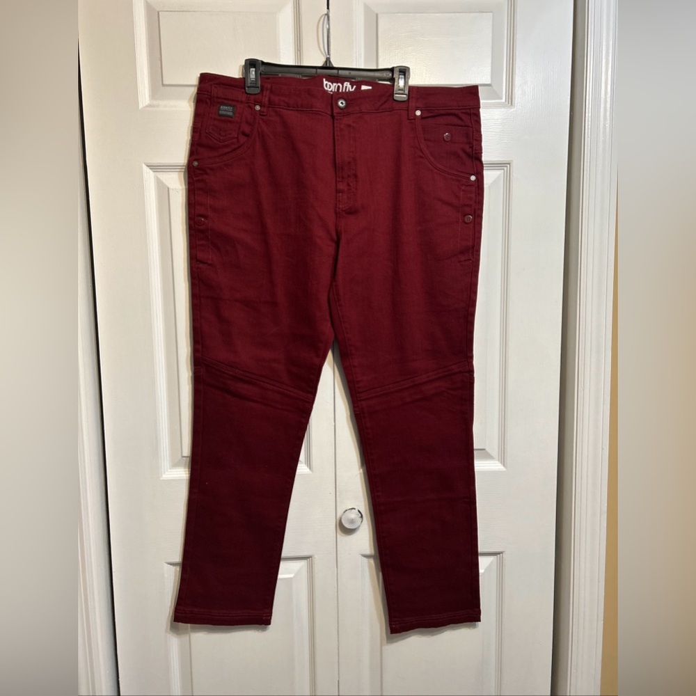 7/5/25 Born Fly Premium Jeans Mens Size 40 Burgundy Denim Slim Fit Stretch Stre